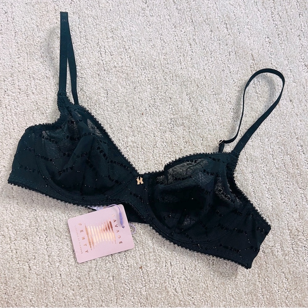 NWT Savage x Fenty Flocked Logo Unlined Demi Bra - Black